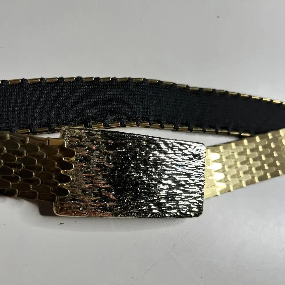 80s Metal Elastic Fashion Belt Womens One Size Gold Textured Skinny Waist Cinch - Picture 2 of 6